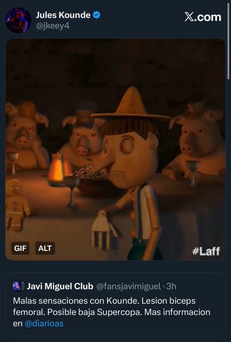 记者称孔德可能因伤无缘西超杯，球员社媒转发并晒匹诺曹辟谣