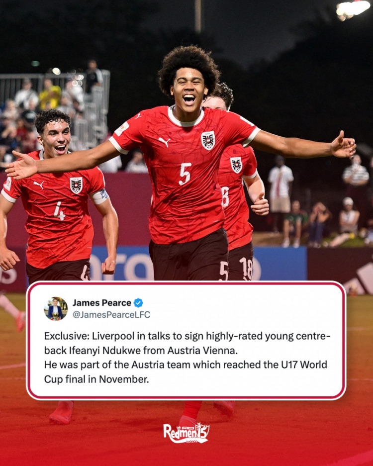 潜力股！TA：利物浦商谈引进奥地利维也纳17岁中卫恩杜克韦